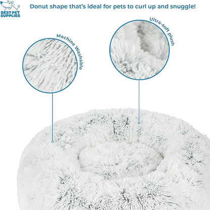 Best Pet Supplies Round Donut Dog Bed with Plush Faux Fur Fabric, Calming, Anti-Anxiety Cushion for Indoor Pets, Slip-Resistant Base, Soft Ergonomic Support - Light Warm Gray, 24x24x7''