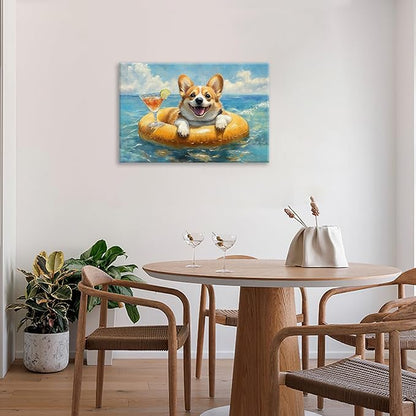 Ocean Funny Corgi Dog Pictures Wall Art, Bathroom Cute Dog Wall Decor Sea Coastal Framed Painting Beach Canvas Artwork for Bathroom Bedroom Living Room Decorations 24"L x 16"W