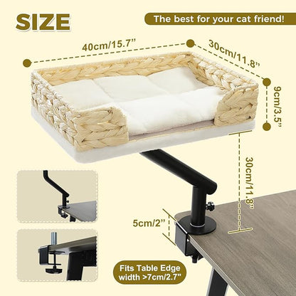 PAWZ Road Cat Desk Bed for Indoor Cats, Wicker Cat Bed for Desk Supports Up to 50 lbs, 360° Rotation & Adjustable Soft Plush Cats Hammock for Desktop, White