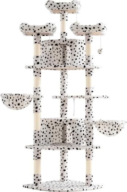SHA CERLIN 73in Fan-Shaped Corner Cat Tower for Save Space/Multi-Level Tall Tree for Indoor Kitties/Condo with Baskets/Cozy Perches/Sisal Scratching Posts/Pet Activity House/White & Black Spot