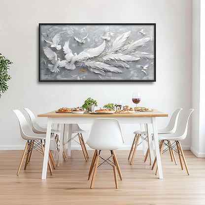 Quorin Feather Dove Bird Large Wall Art White Gray Holy Wings Pictures Peaceful Birds Flying Wall Decor Canvas Print Painting Artwork for Bathroom Living Room Bedroom 60L x 30W