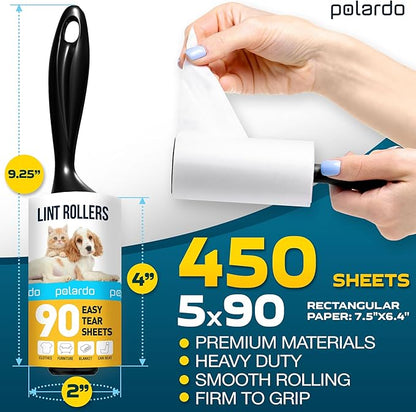 Lint Rollers for Pet Hair, Sticky, Remover for Couch, Clothes Furniture and Carpet. Dog Hair Remover Cat Hair, Animal Fur, Fuzz. 5 Large Lint Rollers