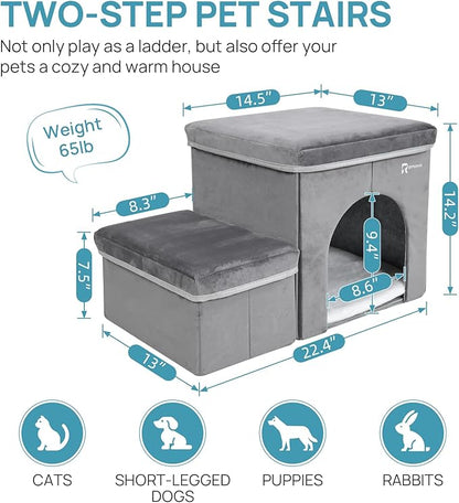 Foldable Pet Stairs for Beds & Sofas - Non-Slip Dog Steps with Storage for Small to Medium Dogs & Cats, Supports up to 120 lbs - Durable 2 & 3-Step Doggie Ladder for Easy Access