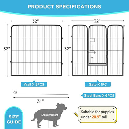 BestPet | Dog Playpen | 32 Inch, 6 Panels | Heavy Duty Metal Pet Exercise Pen | Indoor Outdoor Fence Panels | Rust-Resistant, Removable, Tool-Free Setup | Anti-Skid, Expandable Design