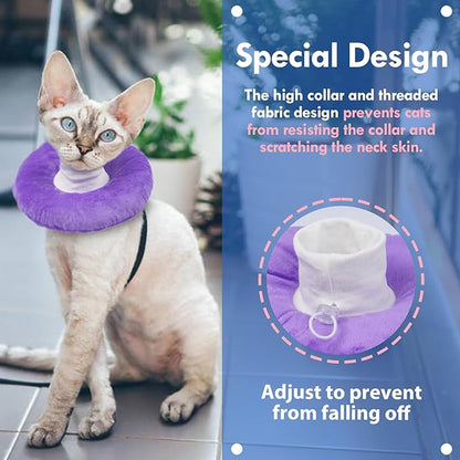 Lightweight Soft Cat Cone After Surgery, Adjustable Donut Collar with Drawstring Buckle, Scratch Resistant, Machine Washable, Suitable for Head/Foot Wounds Recovery, Purple Large