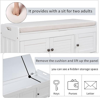 Storage Bench with 3 Shutter-Shaped Doors, Pine Wood Shoe Bench with Removable Cushion and Hidden Storage Space for Living Room, Entryway 43.5" L x 16" W x 18" H (White)