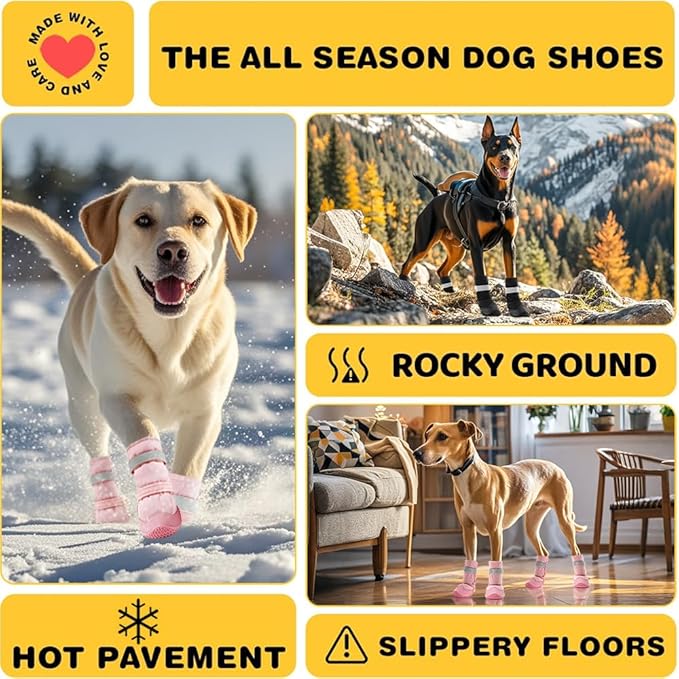 Hcpet Dog Shoes, Dog Boots & Paw Protectors for Winter Snowy Days, Rainy Weather, Outdoor Anti-Slip Sole Dog Booties for Hardwood Floor Pink-Leg 6