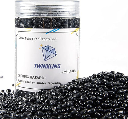 TWINKLING High Luster Round Fire Glass Stones, Marbles, Pebbles, Beads Gems for Fire Pit Vase Fillers Crafts Aquarium Garden Decoration, 3-6mm, 1-Pound Jar (Black)
