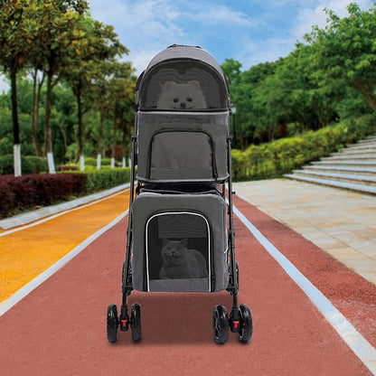 2 Tiers Pet Stroller,4 Wheel Dog Stroller Cat Strollers,3.07lbs Pet Gear Foldable Jogger Travel Cart,Grey Cat Carrying Cart with Storage Basket for Small Medium Pet (Grey)