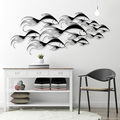 School of Fish Metal Wall Art, Metal Fish Wall Decor, Sea Life Wall Art, Large Nautical Wall Hanging, Modern Beach House Wall Decor, Ocean Themed Artwork for Bathroom (Silver, 53"x22" | 135x57cm)