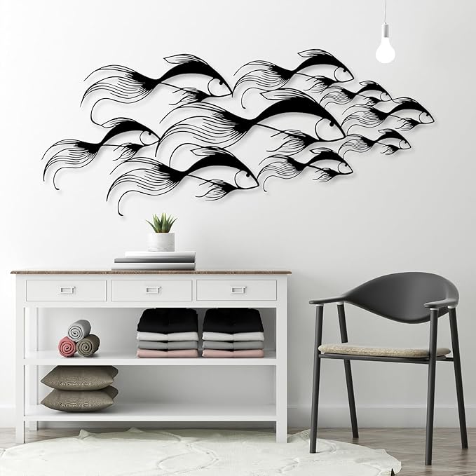 School of Fish Metal Wall Art, Metal Fish Wall Decor, Sea Life Wall Art, Large Nautical Wall Hanging, Modern Beach House Wall Decor, Ocean Themed Artwork for Bathroom (Silver, 24"x10" | 60x25cm)