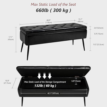 Leather Storage Ottoman Bench,End of Bed Bench for Living Room Bedroom Dinning Room Entryway,Mid-Century Modern,Faux Leather,with Steel Legs,Safety Hinges, Loads 660 lb (with Button, Black)