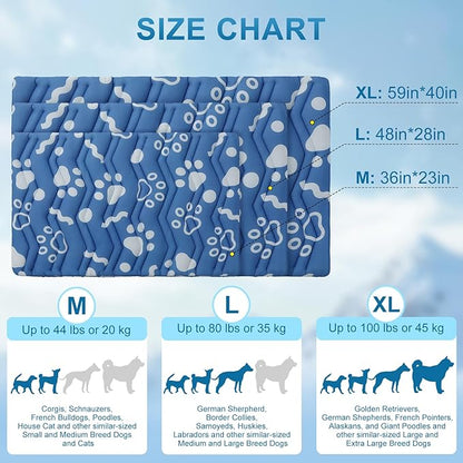 BEAUTYZOO Dog Cooling Mat- Upgraded Thicken Cooling Mat for Large Dogs Reversible(Cool & Warm) Pet Ice Cool Bed Washable & Portable, Summer Crate Pad for Big Dog Puppy Up to 100 lbs, Paw Blue 59X40IN