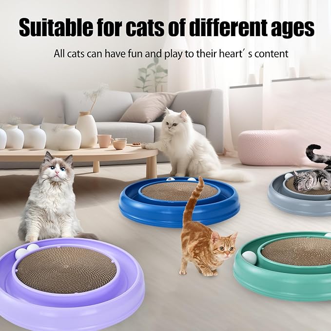 Interactive Cat Scratcher with Two Rotating Balls,Durable Scratch Pad for Indoor Play,Cardboard Cat Scratcher Pad with Cat Toy Ball Track and Catnip,2-in-1 Cat Toy (Blue)