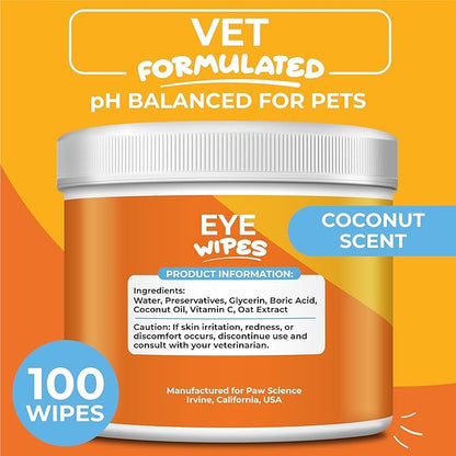Dog Eye Wipes - Hypoallergenic Eye & Face Wipes for Dogs, Cats, and Puppy - Pet Tear Stain Remover and Cleaner - Gently Cleans and Removes Discharge, Crust, and Gunk - Coconut