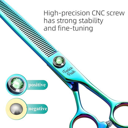 Fenice Peak 7'' Green Thinning Dog Grooming Scissors Pet Shears with Ergonomic Offest Handle and Simulated Emerald Screw 440C Grooming Scissors Trimming Shears Durable and Sharp