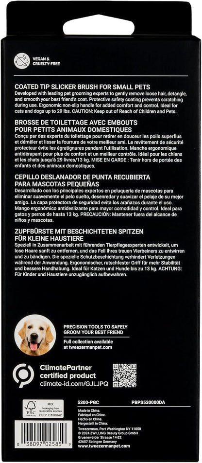 Tweezerman Dog and Cat Slicker Brush for Small Pets, Grooming Brush with Coated Bristles to Prevent Scratching and Ergonomic Handle