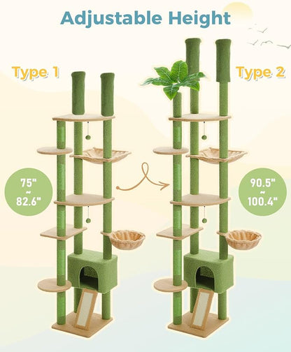 PEQULTI Tall Cat Tree, Floor to Ceiling Cat Tree Tower Adjustable [90.5''-100.4''=230-252CM] with Cat Condo, Cat Hammock and Scratching Post, Climbing Tree for Indoor Large Cats, Green
