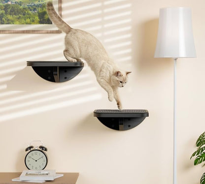 Grey Sisal-Padded Cat Wall Steps (2-Pack), Floating Wooden Cat Perch and Climbing Step Set, Wall Mounted Furniture for Jumping & Play