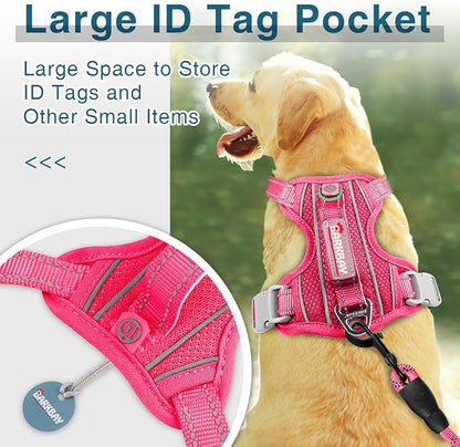 BARKBAY Dog Harness No Pull with ID Tag Pocket - Heavy Duty, Reflective, Easy Control for Large Dogs(Pink,L)