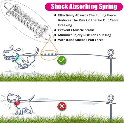 jenico Dog Tie Out Cable, 10/15/20/30/40/50/70/100/150FT Dog Runner Cable with Swivel Hook and Shock Spring, Dog Leash Run Tether for Yard Outdoor and Camping,for Small to Medium Pets Up to 500 LBS