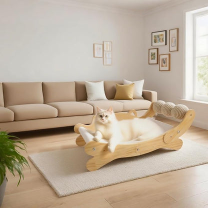 Cat Scratcher Bed for Indoor Cats | 3-in-1 Scratching Post & Hammock Lounge with Wooden Perch, No-Tip Stable Base for Small/Medium/Large Cats ，Durable Scratch Pad & Cat Furniture (Easy Assembly)