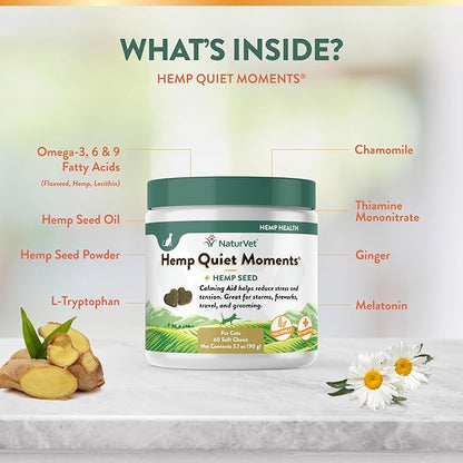 NaturVet Hemp Quiet Moments Plus Hemp Seed for Cats, 60 ct Soft Chews, Made in USA