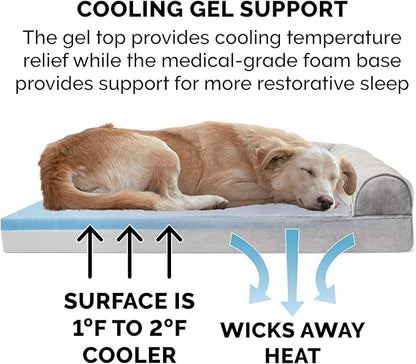 Furhaven Cooling Gel Dog Bed for Large Dogs w/ Removable Bolsters & Washable Cover, For Dogs Up to 125 lbs - Faux Fur & Velvet Sofa - Smoke Gray, Jumbo Plus/XXL