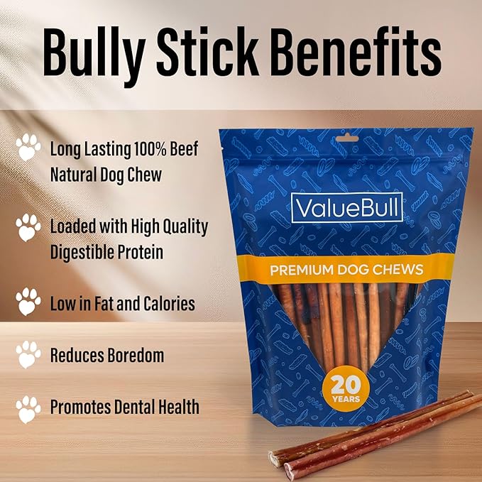 ValueBull Bully Sticks for Dogs, Jumbo 12 Inch, 50 Count - All Natural Dog Treats, 100% Beef Pizzles, Single Ingredient