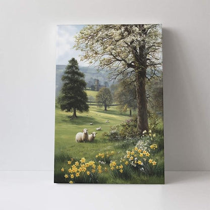 Country Sheep Canvas Wall Decor Farmhouse Rustic Lamb Wildflower Wall Art Nature Countryside Landscape Pictures Painting Print Framed Artwork Decorations for Bathroom Living Room Bedroom 16"x24"