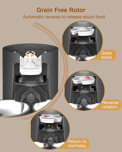Automatic Cat Feeders - 6L Cat Food Dispenser with Double Bowls, Programmable Timed Feeder for Up to 6 Meals per Day with 10S Voice Recorder, Supports Dual Power Supply