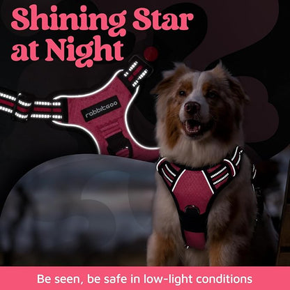 rabbitgoo Dog Harness Medium Sized, No Pull Dog Vest with 3 Buckles, Adjustable Soft Padded Pet Harness with Easy Control Handle and Reflective Strips, Pink, M
