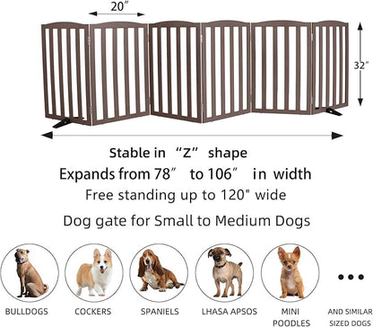 ZJSF Foldable Freestanding Indoor Dog Gate for House Wood Long Pet Gates Dog Fence for Stairs Puppy Gates for Hallways, Puppy Gate,Support Feet Included, Brown, 32 "Height-6 Panels