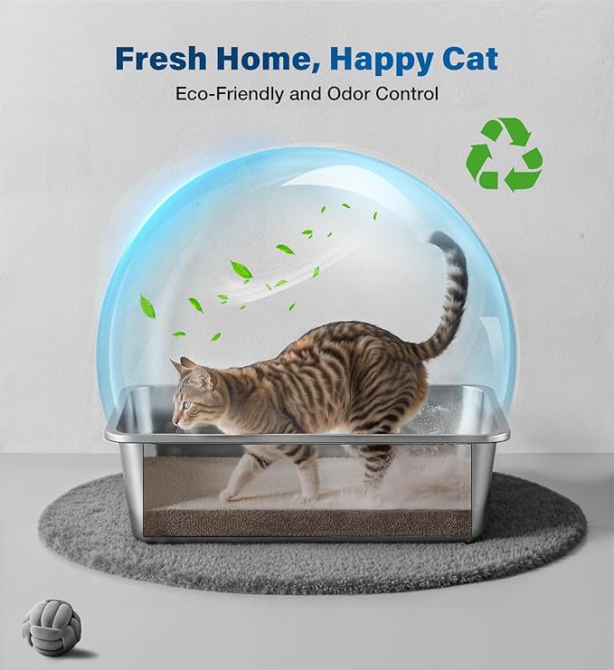 2 Packs Stainless Steel Cat Litter Box, 17.5" L×13.6" W×5.9" H, Metal Kitty Litter Box with High Sided for Small Cats, Non-Stick, Easy to Clean, Odor-Free