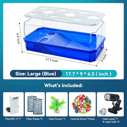 Aquatic Turtle Tank Habitat Kit Stone+Filter+Heat Lamp Enhancing Interaction with 360° Viewing, Standalone Filtration, DIY Creative Zone, Enriched Living (Blue, Large[with Light])