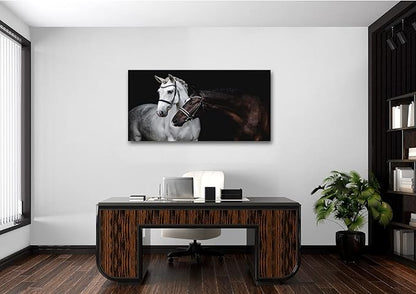 Jiuqinghua Wall Art Canvas Print Picture White and Brown Horses 1 Panel Wild Animal Painting Artwork for Living Room Bedroom Office Home Wall Decor Stretched and Framed Ready to Hang 30x60inches
