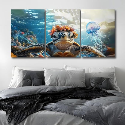 Wivsev Sea Turtle Canvas Wall Art,Under Sea Wall Art,Sea Life Pictures Wall Decor,Ocean Animal Painting for Bathroom,Living Room,Bedroom (16" x 24" x 3 pcs)