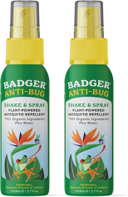 Badger Bug Spray Travel Size, Family Friendly All Natural Mosquito Repellent w/Organic Essential Oils, Smells Great, 3 Hours Effective, Deet-Free, Vegan, Travel Insect Repellent, 2.7 fl oz, 2-Pack
