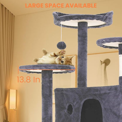54.7" Ashy Cat Tower for Indoor Cats – Multi-Level Condo with Scratching Posts & Hanging Toys
