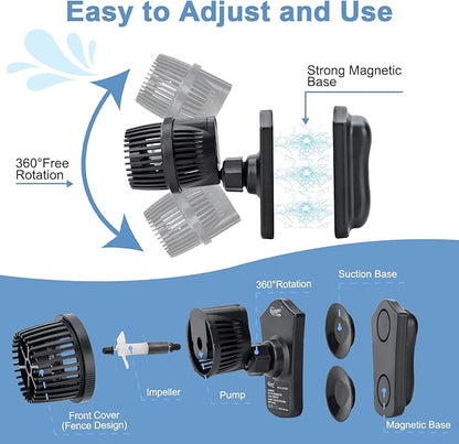hygger 2100 GPH Aquarium Wave Maker Pump with Strong Magnetic Suction Base, Ultra-quiet 360 Degree Rotating Submersible Power Head, for 75-130 Gal Freshwater Saltwater Tank
