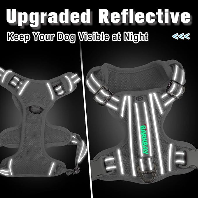 BARKBAY Dog Harness No Pull with ID Tag Pocket - Heavy Duty, Reflective, Easy Control for Large Dogs(Grey,XL)