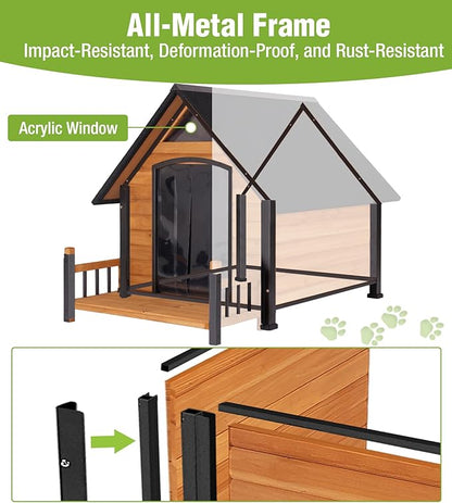 Large Dog House Outdoor Weatherproof with Porch, All-Metal Frame Chew-Proof Dog Kennel with Asphalt Roof, for Small Medium Large Dogs