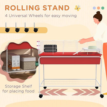 PawHut Two-Story Small Animal Cage Removable from Stand, Guinea Pig Cage with Shelf & Wheels, Pet Habitat for Hedgehog, Chinchilla, Ferret, 39" x 20.5" x 36.5", Red