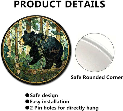 Lygond Metal Sign Tin Sign Circular Stained Glass American Black Bear Funny Bathroom Wall Decor for Restaurant 12×12 Inches