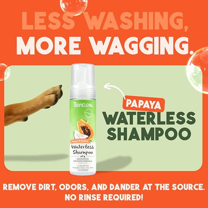 TropiClean No Rinse Waterless Dog Shampoo | Detangling & Deodorizing Dry Shampoo for Smelly Pets | Moisturizes Dry Skin | USA Made | Papaya Scent | 7.4oz