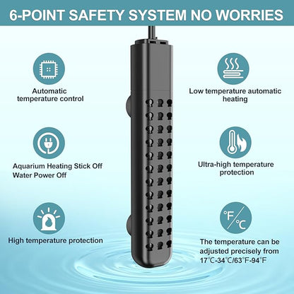 Submersible Aquarium Heater 100W/200W/300W/500W, Fish Tank Heater with high-Temperature Protection and Turtle Tank Heater with Automatic Power-Off When Leaving seawater or Freshwater.