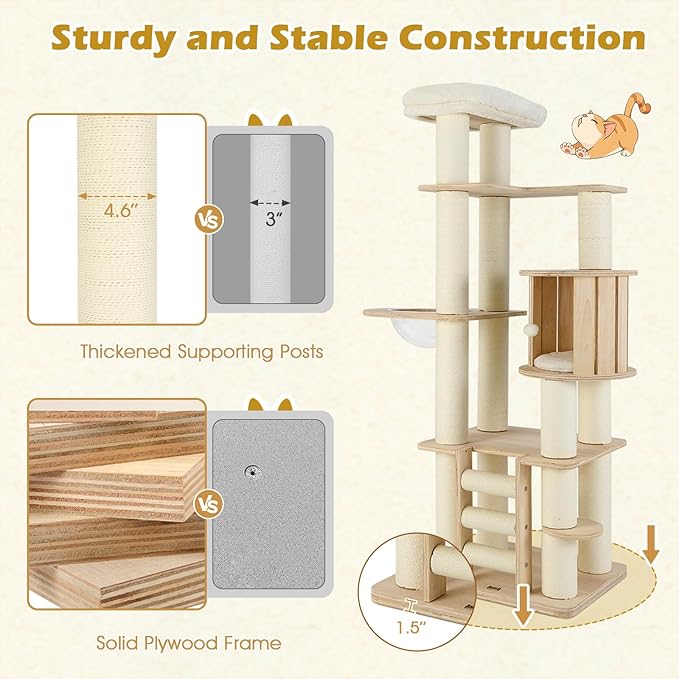 Tangkula 71” Tall Cat Tree, Multi-Layer Wood Cat Tower with Scratching Posts, Perch, Condo, Space Capsule, Ladder, Dangling Ball, Washable Cushions, Modern Cat Tree Tower for Indoor Cats Large Adult