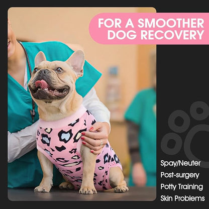 FUAMEY Recovery Suit for Dogs After Surgery,Soft Breathable Dog Bodysuit E-Collar & Cone Alternative Surgical Suit,Male Female Dog Neuter Spay Suits Anti Licking Wounds Onesie Pink Leopard L