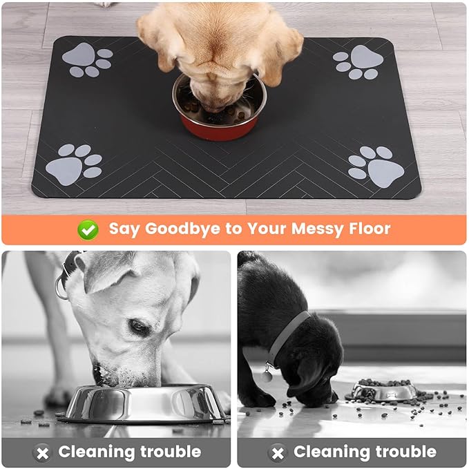 Pet Feeding Mat-Absorbent Pet Placemat for Food and Water Bowl, with Waterproof Rubber Backing, Quick Dry Water Dispenser Mat for Dog and Cat (16"x24", Striped Dark Gray)