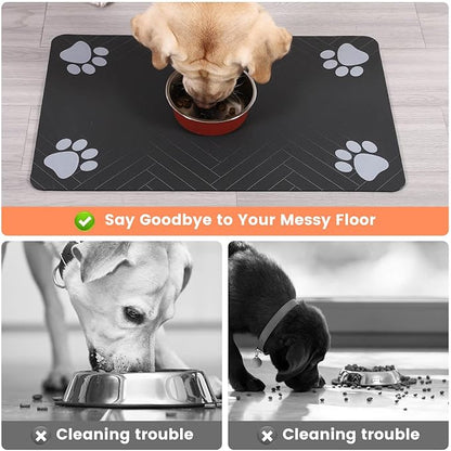 Pet Feeding Mat-Absorbent Pet Placemat for Food and Water Bowl, with Waterproof Rubber Backing, Quick Dry Water Dispenser Mat for Dog and Cat (16"x24", Striped Dark Gray)